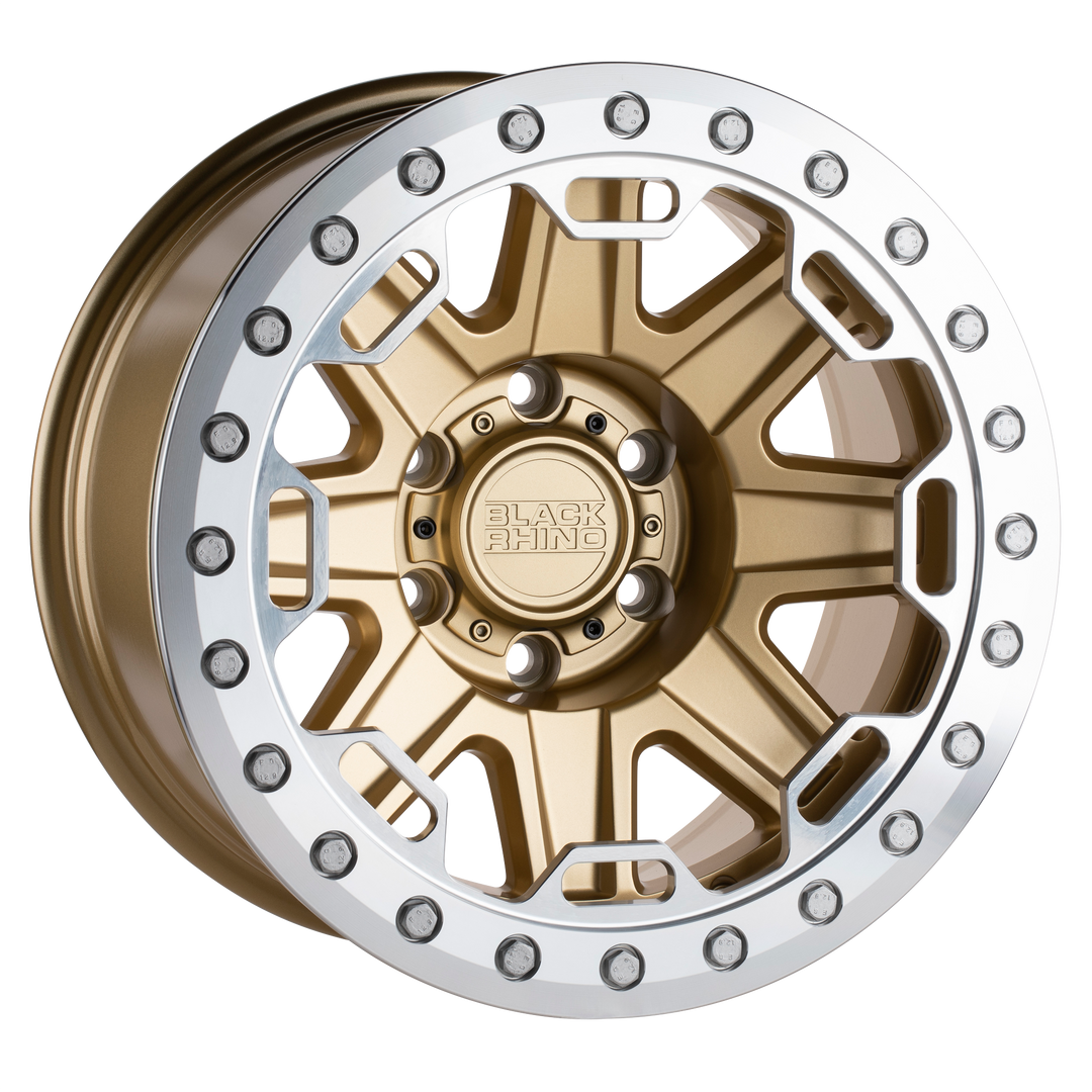 BLACK RHINO RIFT BEADLOCK 17X8.5 5X114.3 -38 71.5 MATTE GOLD W/ MACHINED RING