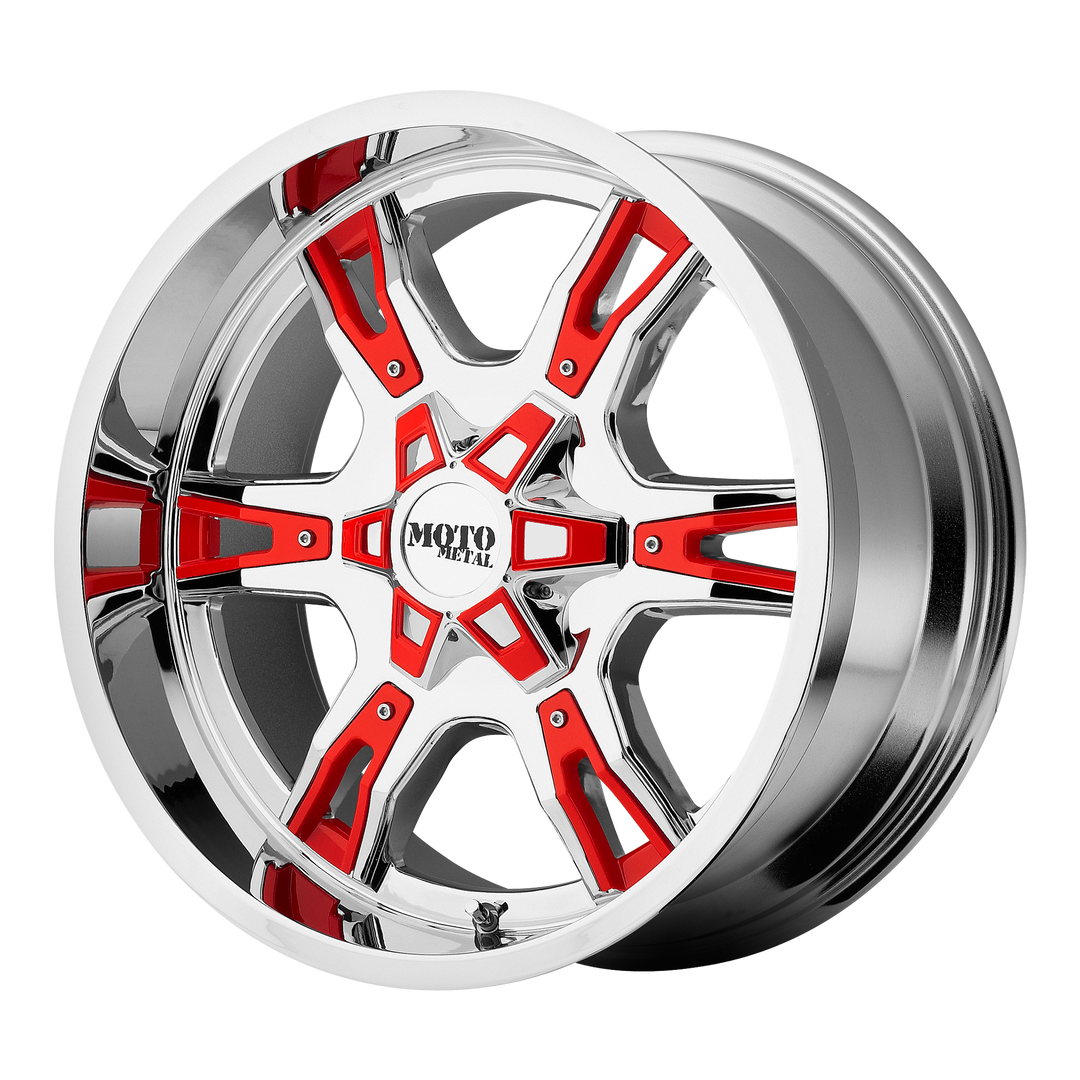 MOTO METAL MO969 18X10 6X135 -24 87.1 CHROME WITH RED AND BLACK ACCENTS